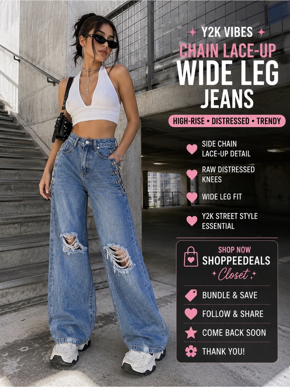 High-Rise Distressed Wide Leg Jeans with Side Chain Lace-Up Detail